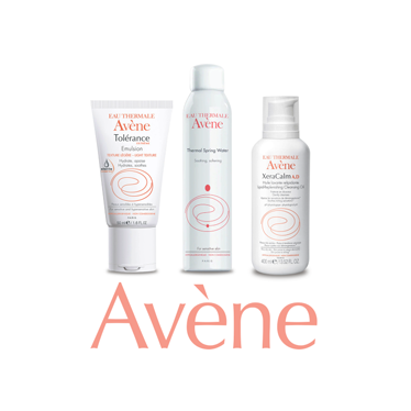 Three Avene skincare products on a white background.